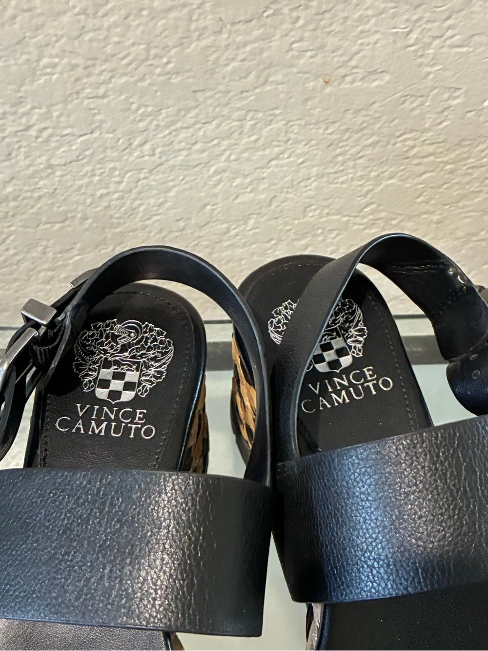 Vince Camuto Miapelle Black and Tan Woven Platform Sandals